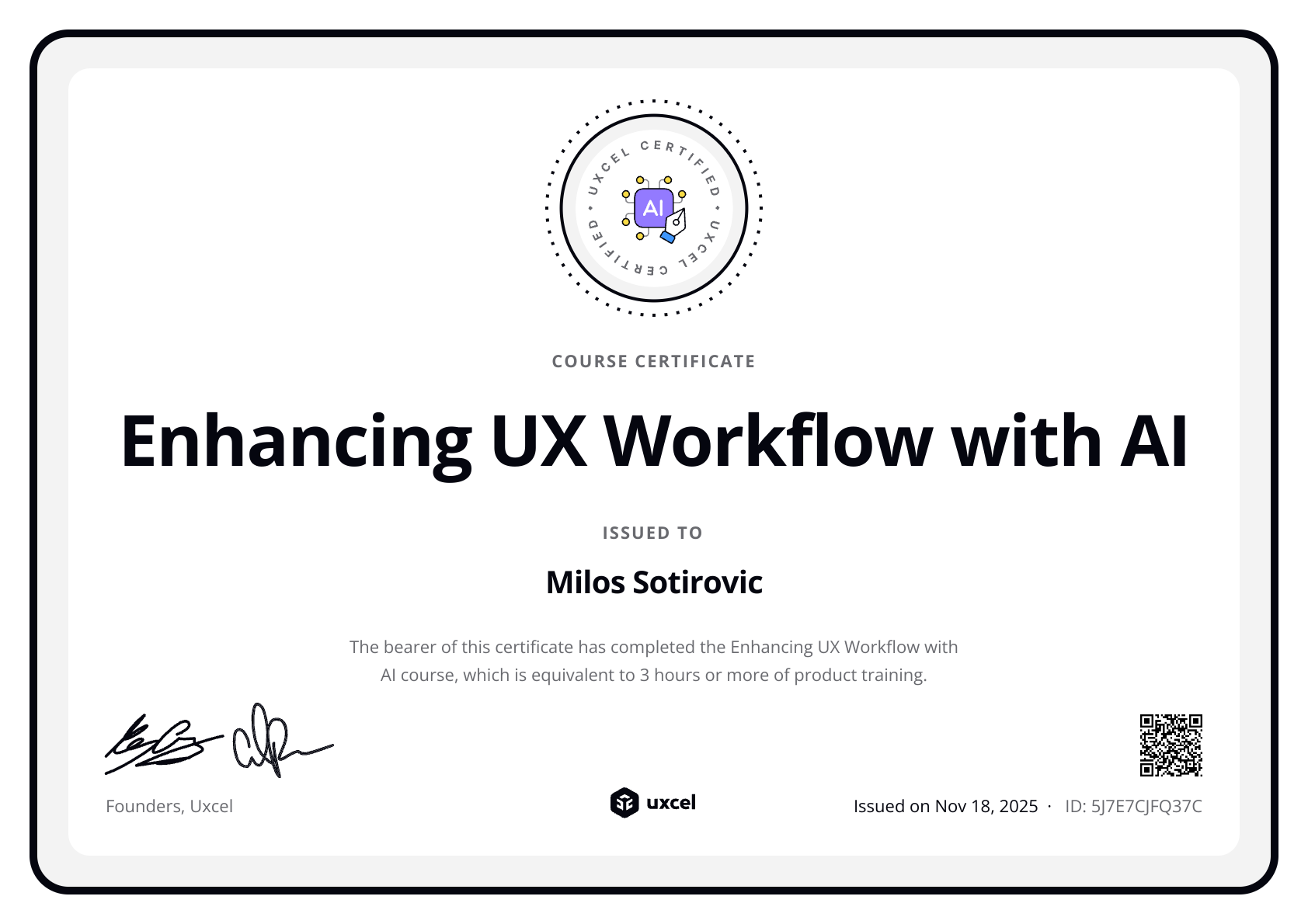 Milos Sotirovic's certificate